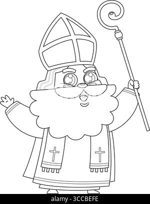 Outlined Cute Saint Nicholas or Sinterklaas Cartoon Character Waving For Greeting. Vector Hand Drawn Illustration Isolated On Transparent Background Stock Vector