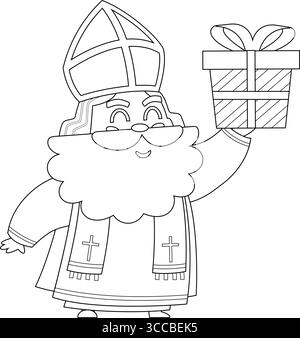 Outlined Cute Saint Nicholas or Sinterklaas Cartoon Character Holding Up A Gift Box. Vector Hand Drawn Illustration Isolated On Transparent Background Stock Vector