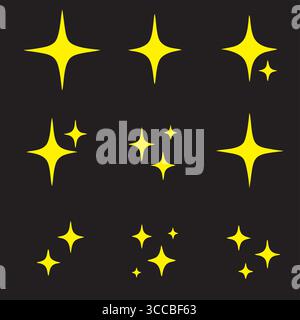 "Yellow Sparkle and Star Icons Set – Shining Light Effects on Black Background" Stock Vector