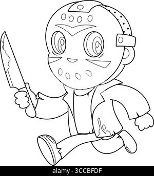 Outlined Cute Jason Murderer Cartoon Character Running With Bloody Knife. Vector Hand Drawn Illustration Isolated On Transparent Background Stock Vector
