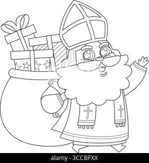 Outlined Cute Saint Nicholas or Sinterklaas Cartoon Character Carrying Sack Full Of Gifts. Vector Hand Drawn Illustration Stock Vector