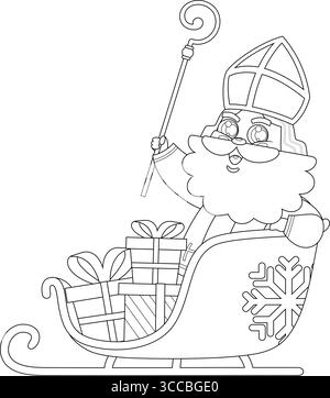 Outlined Cute Saint Nicholas or Sinterklaas Cartoon Character Sleigh Filled With Christmas Toys And Presents. Vector Hand Drawn Illustration Stock Vector