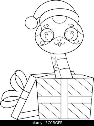 Outlined Cute Chinese New Year Snake Character With Santa Exit From Gift Box. Vector Hand Drawn Illustration Isolated On Transparent Background Stock Vector