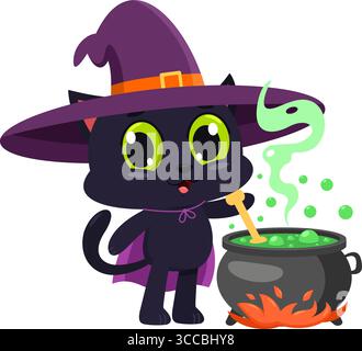 Cute Halloween Witch Black Cat Cartoon Character Preparing A Potion In A Cauldron. Vector Illustration Flat Design Isolated On Transparent Background Stock Vector
