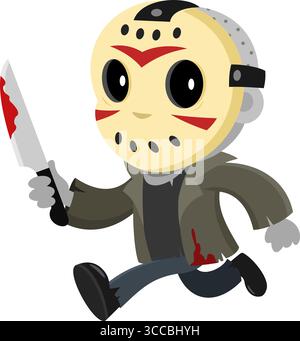 Cute Jason Murderer Cartoon Character Running With Bloody Knife. Vector Illustration Flat Design Isolated On Transparent Background Stock Vector