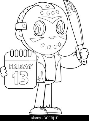 Outlined Cute Jason Murderer Cartoon Character Showing Calendar Friday The 13Th And Holding A Bloody Machete. Vector Hand Drawn Illustration Stock Vector