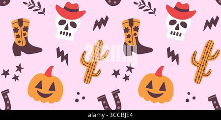 Halloween Cowboy Skull Western Seamless Pattern Stock Vector