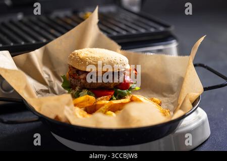 homemade cheeseburger with french fries Stock Photo