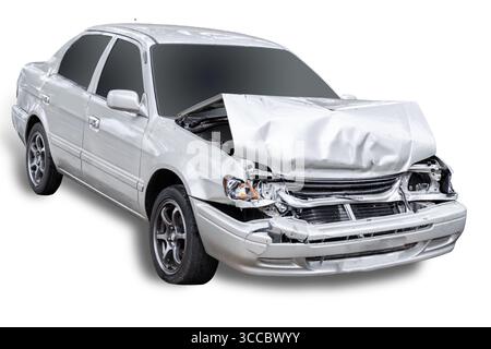 White car get damaged by accident on the road. Isolated on white background. Saved with clipping path Stock Photo