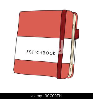 Vector illustration of a red sketchbook with elastic band. Hand-drawn colorful stationery design for art, journaling, school, and creative projects Stock Vector