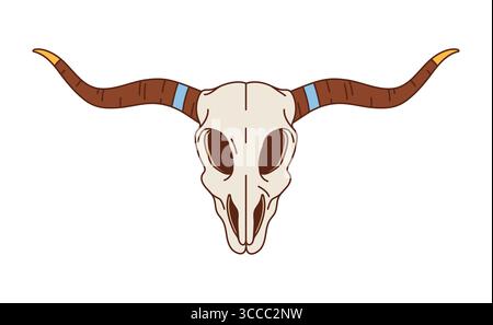 Cartoon groovy Wild West or Western longhorn bull skull, vector icon. Wild West groovy cartoon skull of longhorn bull for Western saloon sign or Texas and Arizona country ranch character Stock Vector