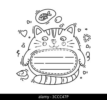 Kids memo note frame with funny cute cat animal for sticker label, vector notebook paper sheet. Kids memo note template with notepad page lines in shape of cat for to do planner or message note Stock Vector