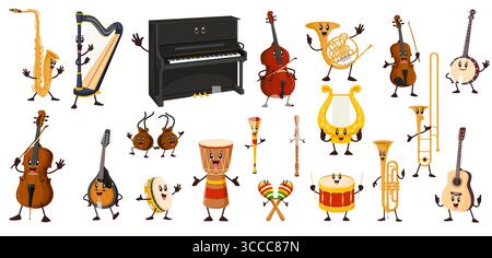 Cartoon funny musical instrument characters. Happy guitar, drum, violin and piano, saxophone, trumpet and harp vector personages. Classical music orchestra and jazz band acoustic musical instruments Stock Vector