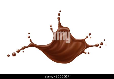 Chocolate splash and flow wave. Realistic cocoa splash and splatters. isolated 3d vector dessert swirl drink or stream. Brown coffee beverage with drops, liquid splashing with dynamic droplets scatter Stock Vector