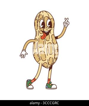 Cartoon groovy peanut nut pod character is smiling, waving hand and showcasing a quirky and happy expression with sticking tongue. Vector cheerful peanut healthy seed personage with y2k retro sneakers Stock Vector