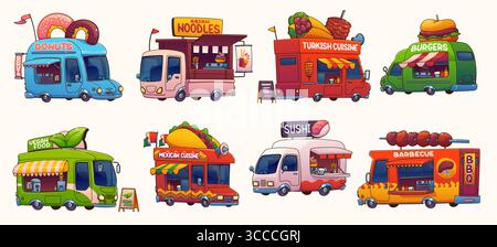 Cartoon food truck cars, festival street foodtruck vans of burgers, donuts, bbq and vegan meal. Vector food trucks of asian, mexican, american and turkish cuisine. Sushi, taco, noodle shops on wheels Stock Vector