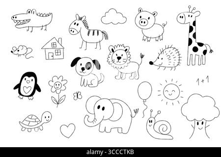 Collection of cute black and white doodle animals and objects, hand-sketched for children s books, coloring pages, and designs. Stock Vector