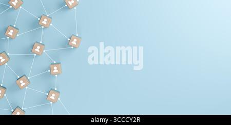 3D render of wooden cubes with people icons connected by white lines on a light blue background with copy space, representing the concept of teamwork, Stock Photo
