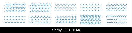 Stylized nautical wave and ripple symbols with smooth curves, zigzags, and tide inspired lines. Versatile vector elements for beach illustrations, mar Stock Vector