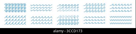 Minimal blue wave and ripple vector set with zigzag lines, swirls, and flowing curves. Ideal for ocean themed graphics, surf illustrations, pool icons Stock Vector
