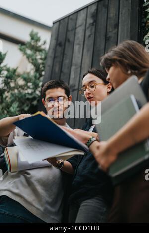 High school students collaborating on homework assignments outdoors Stock Photo
