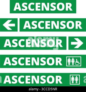 Green ascensor signs with directional arrows on a white background (trad. elevator) Stock Vector