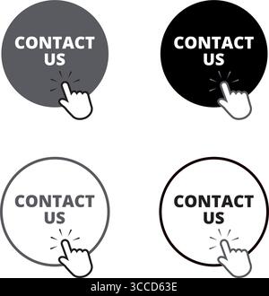 Black, gray and white contact us round button with a hand clicking on a white background Stock Vector