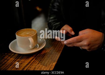 Woman using smartphone while enjoying a cappuccino in a cafe Stock Photo