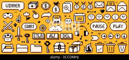 A big set of pixel game art 8 bit icons drawn in a yellow and white color. Speech bubbles, folders, console, ctrl, alt, delete buttons, headphones, caskets, floppy disk, fire, mushroom and etc. Stock Vector