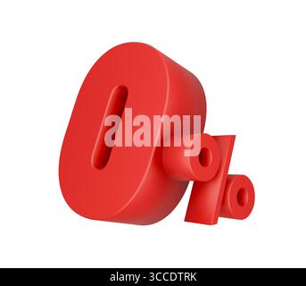 Bright red 3D zero percent symbol rendered in bold style, isolated on a white background.  0% Stock Photo