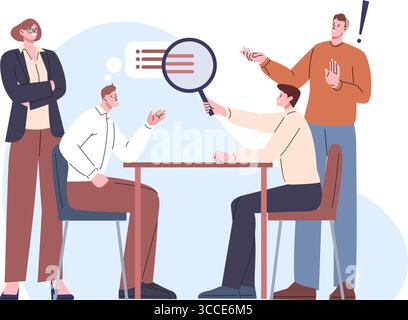 Work communication process. Men talking, discuss ideas, proposals, plans for project. Looking opinion with magnifying glass, vector office concept Stock Vector