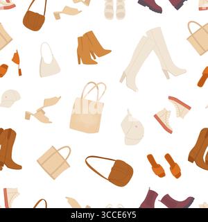 Stylish accessories seamless pattern. Female fashion boots shoes sneakers bags and purse, head cap. Cartoon outfit elements, vector background Stock Vector