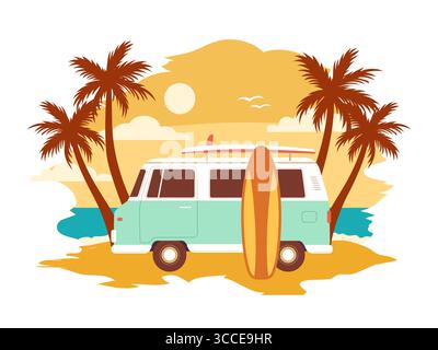Vintage summer surf poster with a mini van vector illustration. Summertime, Beach vacation, water activity. T-shirt print Stock Vector