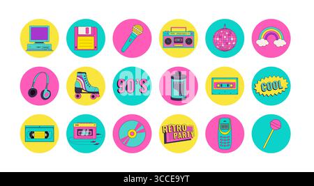 Set of 90s 00s retro device icons in modern pop style. Vintage audio player, cassette, old pc, floppy disk, mobile phone, headphones vector illustrati Stock Vector