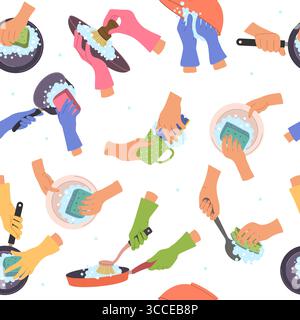 Cleaning pattern. household equipment for washing and cleaning dirty utensils vector seamless background Stock Vector