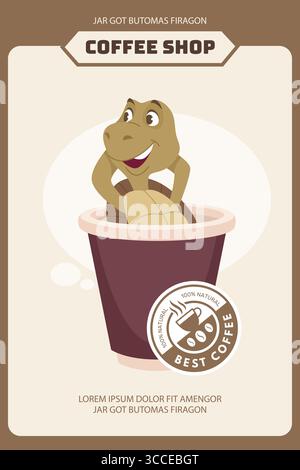 Coffee time. ads placard with turtle relaxing in cup of coffee. template with place for text Stock Vector