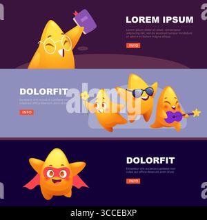 Cartoon stars. cute characters stars with different emotions. vector banners Stock Vector