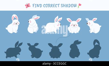 Find correct rabbit shadow. Children educational play, kindergarten rest time game for kids. Cartoon cute bunny and shadows. Development toddler Stock Vector