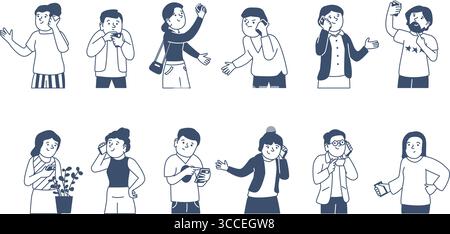 People using smartphones. Different emotional characters talking with smartphone, searching info in internet, messaging online. Digital activity Stock Vector