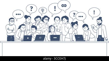 Students work in group. Young adults or teens working with laptop. University school college project doing together. Teamwork, recent vector scene Stock Vector