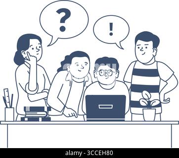 Students work on project. Teenagers with laptop discuss and find problems solution. Teamwork in school college or university, recent vector scene Stock Vector
