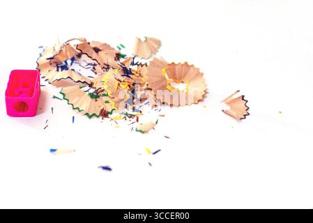 The colored pencil shavings that have been sharpened to be usable for writing. Stock Photo