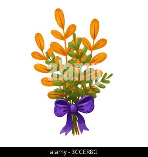 Bouquet of autumn leaves with a purple bow. Illustration drawn in a simple watercolor style. Stock Photo