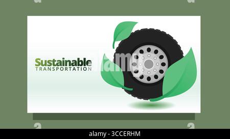 sustainable transport concept. truck tire with green leaf. modern clean style screen size template for web or presentation vector illustration Stock Vector