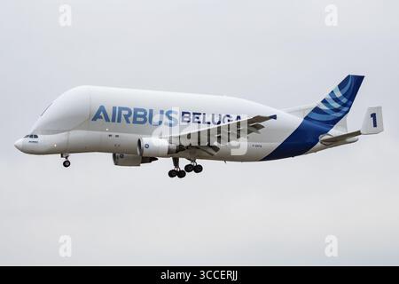Madrid, Spain - May 5, 2016: Airbus Beluga cargo plane at airport. Air freight and shipping. Aviation and aircraft. Transport industry. Global interna Stock Photo