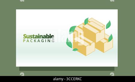 sustainable packaging concept. cardboard packaging and leafs for degradable materials concept. modern clean style screen size template for web or pres Stock Vector