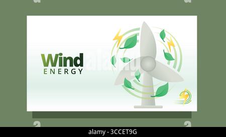 wind energy concept. wind mill with leafs. modern clean style screen size template for web or presentation vector illustration Stock Vector