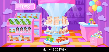Cartoon toy store. Kids shop toys on shelves, toyshop supermarket cartoon interior background children gift bear doll shelf inside mall child game puppet, neat vector illustration original artwork Stock Vector