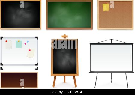 Realistic school boards. Chalk board on wall, office flip chart for presentation chalkboard whiteboard blackboard modern flipchart paint message, 3d set exact vector illustration original artwork Stock Vector