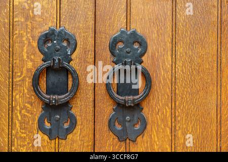 Two black iron door knockers are mounted on a wooden door at Trinity College. Stock Photo